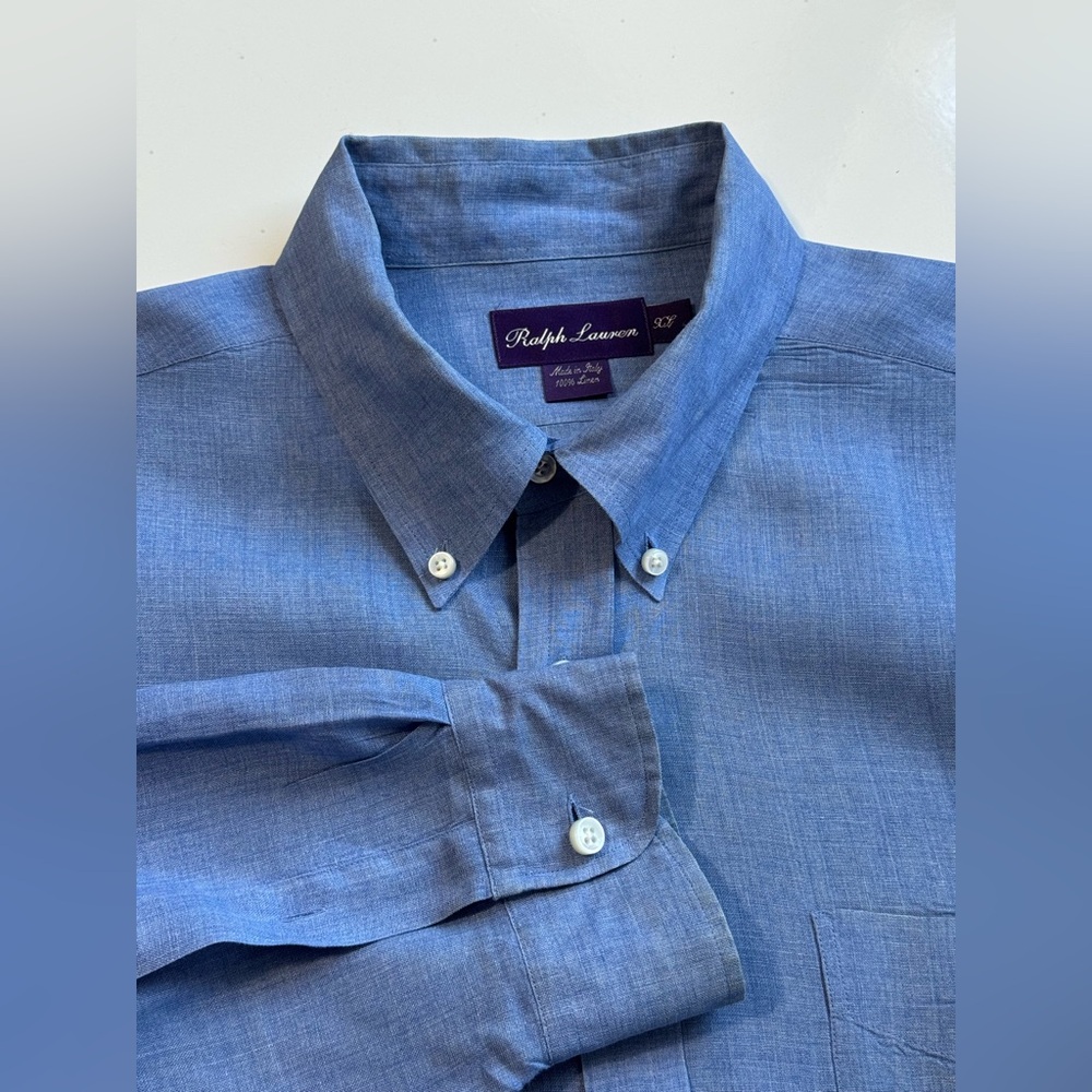 Ralph Lauren Purple Label Men’s Light Blue Button Up Shirt 100% Linen Size XL